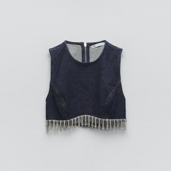 BNWT ZARA JEWEL DENIM TOP DARK INDIGO CROP TOP - REF. 7227/240 SMALL - Picture 6 of 8